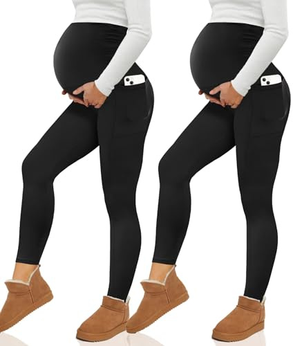 Happy.angel 2 Pack Maternity Fleece Lined Leggings Over the Belly, Womens Black Workout Yoga Pregnancy Pants with Pockets Black Large