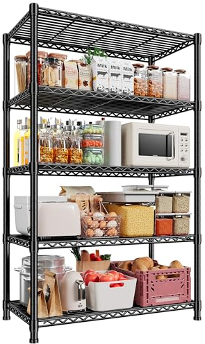 REIBII 340KG Heavy Duty Shelving Unit, 60x35 x150cm Adjustable Metal Storage Shelves Shelving Units, 5-Tier Wire Shelving Unit, Storage Rack for Kitchen Pantry Storage, Easy to Assemble Black