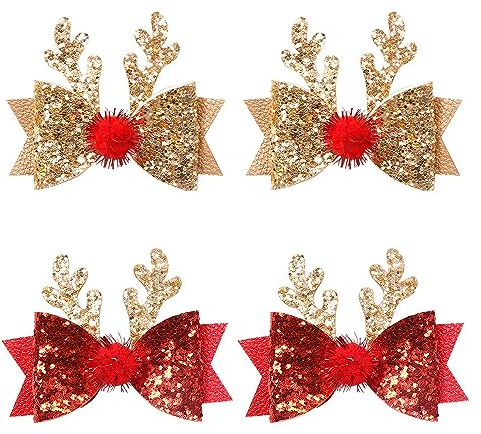 Lot de 4 pinces à cheveux à paillettes en forme de bois de renne avec nœuds rouges à pompons - Accessoires de cheveux de Noël pour femmes, filles et tout-petits
