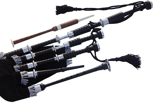 Great Highland Gaitas de Hakam Din - Madera de cocobolo sombreada negra con soportes grabados de níquel plateado y cordón de cubierta de terciopelo negro para estudiantes, kit completo de iniciación