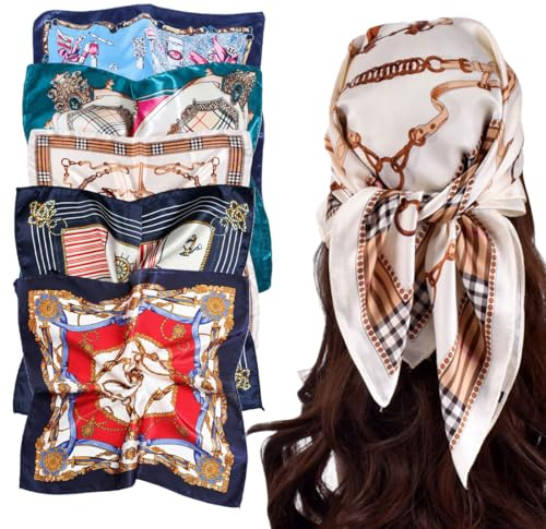 KGDUYC Kopftuch,Kopftuch Damen Sommer,Kopftuch Damen,haartuch,seidentuch,Tuch Damen,Bandana Damen,Damen-Seidenschal, Schal, quadratischer Schal, 50 x 50 cm (5 Stück)