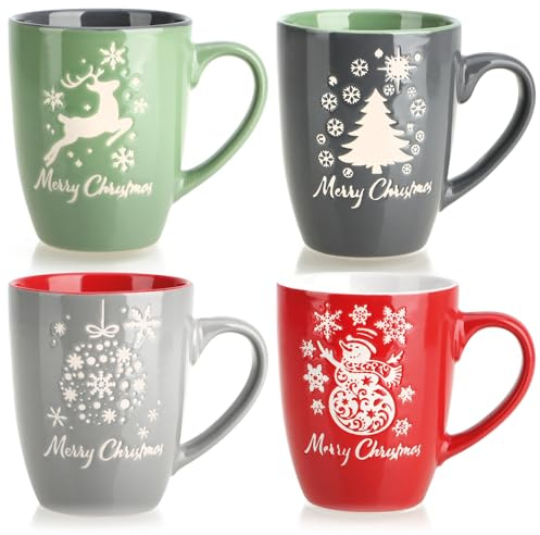 com-four® 4x Tasses à café en céramique - Tasses à café au Design de Noël Moderne - Cafetières pour Boissons Froides et Chaudes - Tasses à poignée colorée 250 ML (rouge/gris/vert/bleu - 250ml)