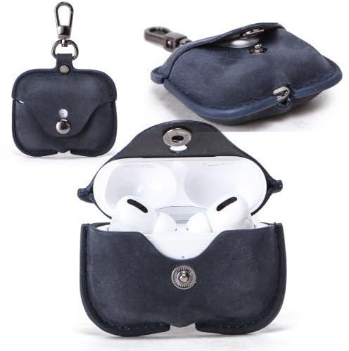 Top‑Grain‑Lederhülle für AirPods Pro 2, unterstützt kabelloses Laden, Kratzfeste weiche Innenauskleidung, Ohrhörer‑Etui mit Karabinerhaken, Blau