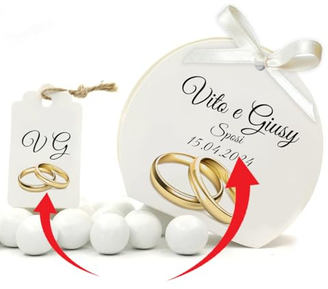 Mr Pubblicità - kit da 75 pezzi PERSONALIZZATI (stampa inclusa) - 25 Scatoline Portaconfetti + 25 Tag + 25 Nastrini, Per Sposi, Matrimonio, Nozze, Promessa, Scatolino, Bomboniera