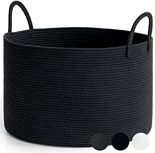 TIMEYARD Wäschekorb, Korb Geflochten, Aufbewahrungskorb Groß Baumwollkorb Handtuchkorb für Badezimmer, Korb für Decken Wohnzimmer, Kissen, Baby Spielzeug Storage Basket, 55x35cm, Schwarz