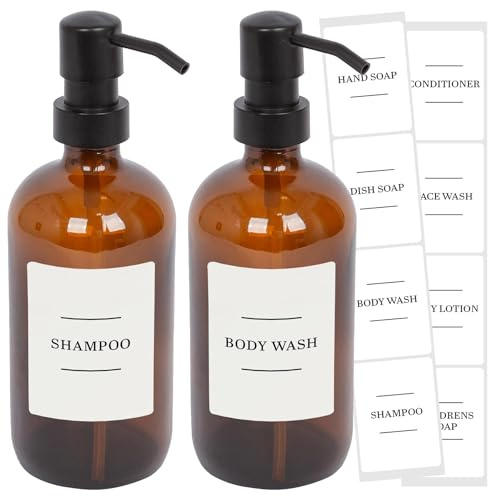 Harbour Housewares Glass Soap Dispensers with Labels Pack of 2-500ml Amber Refillable Bottles with Black Pumps and White Labels - Bathroom and Kitchen Accessories for Hand Wash, Lotion or Sanitiser
