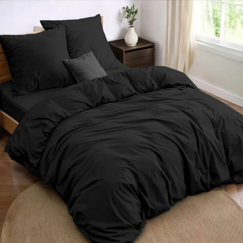 Dreamzie - Juego de Cama de 4 Piezas, Funda nordica Cama 150, Sábana Bajera de 160x200 cm y 2 Fundas de Almohada de 65 x 65 cm, Color Negro, para Cama Doble, 100 Hilos/cm2 de Microfibra, Oeko-Tex