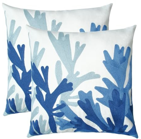 Lot de 2 housses de coussin décoratives brodées - 45,7 x 45,7 cm - Motif rustique - En toile de coton tricotée - Motif floral bleu - Pour canapé, lit, salon