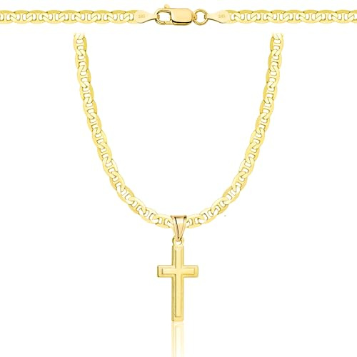 AMAR PRAGNA Gold Damen/Herren Kette mit einem 925/585 Kreuz, original geflochten, Breite 3,8 mm, Goldkette- Halskette, kreuz kette gold 585