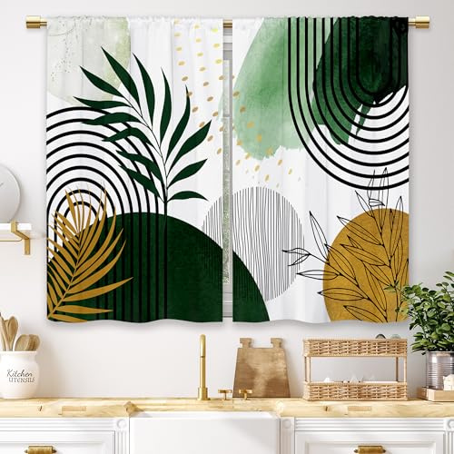 Laifzere Cortinas de cocina abstractas de mediados de siglo, color verde, con hojas pequeñas, cortinas de ventana de café, cortinas geométricas minimalistas con bolsillo para barra, cortinas de baño,