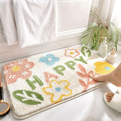 Trlyane Tappeto Bagno, Tappeto Bagno Antiscivolo, Tappeti Bagno Shaggy Tappetino Bagno Lavabile in Lavatrice per Vasca, Doccia e Bagno (Fiore felice, 50x80cm)