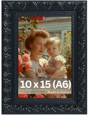 VictoR Vintage Bilderrahmen „Rubens“ in 10x15 cm (A6) Schwarz - Leiste: 30x20mm - Echtglas - Fotorahmen Barock - Antik - Bilderrahmen 10x15 Schwarz