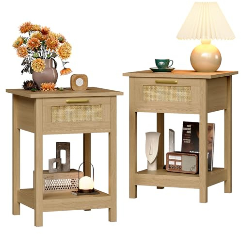 Trironsun Rattan Nachttisch 2 Satz Boho Beistelltisch mit Lagerung Schublade und offenes Regal Gold Griff End Tabelle für Schlafzimmer Wohnzimmer