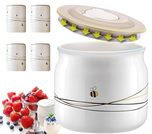 XoTiq Accessoires pour yaourtière, fermenteur 0.5L avec 4 Petits Pots, Pots de Yaourt en céramique, Accessoires de Cuisine pour Yaourt Grec épais, Culture de Yaourt sans Produits laitiers, yaourtière