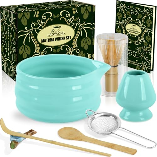 Matcha Set - 7 Stück Matcha Rührer Set Enthält Matcha-Schüssel mit Ausgießer, Bambus-Matcha-Rührer und Ständer, Bambus-Matcha-Löffel, Teelöffel, usw, Geschenk für Ihre Lieben
