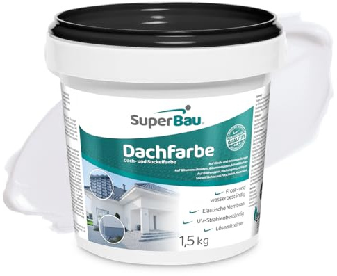SuperBau Dachfarbe Weiß 1,5 kg (≈3,5 m²) Wasserdicht Fassadenfarbe für Außen Dachbeschichtung für Blechdach Bitumen Dachpappe Schindeln Putz