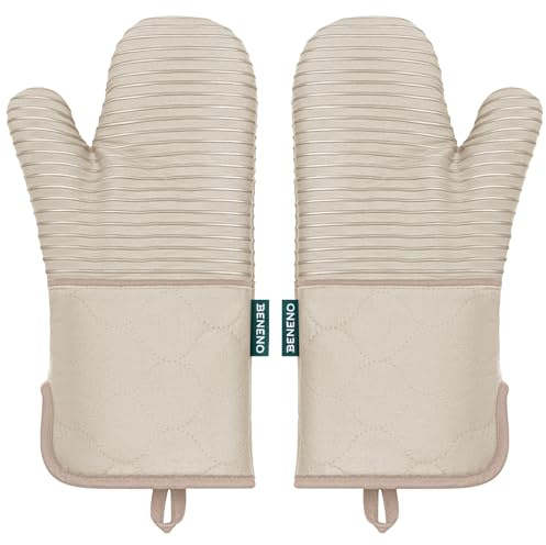 Beneno Kitchen Oven Mitts 2-Pack Heat Resistant to 500°F with Non-Slip Silicone Grip, Extra Long 14.3 Forearm Protection, Soft Quilted Cotton Terry Lining, Ideal for Cooking, Baking, Grilling, Beige