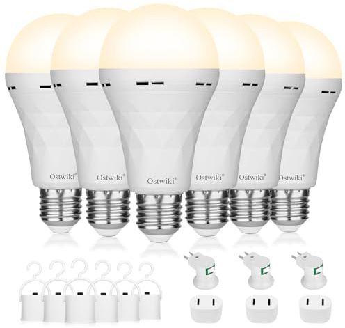Ostwiki Rechargeable Light Bulbs, 1200mAh Led Battery Backup Bulb for Lamps 6 Pack Emergency Light Bulbs for Power Outage Hurricane Camping 9W 3000K A21 Warm Light Battery Operated Light Bulb E26