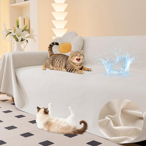 Loiion Sofabezug Kratzfest Katze Wasserdicht Sofaüberwurf Beige 300x230cm | Weicher Kratzfester wasserdichter Sofabezug mit Rutschfester Unterseite, Schützt vor Katzenkrallen und Flüssigkeiten