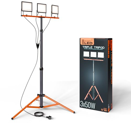 SmartLED Baustrahler Arbeitsstrahler mit Stativ 3x50W, LED Strahler 3x5500 Lumen, 1,60 m Einstellbar Teleskopisch, 360° Grad Drehung, 180 cm Kabel, IP65, kompakt und leicht (3x 50W 16500lm)