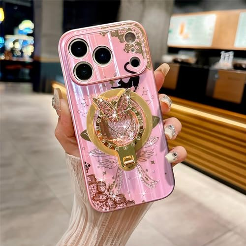 AMAZFCCY for iPhone 17 Pro Case, Megnetic Ring Holder 3D Rhinestones Bling Glitter Sparkle Butterfly Cute Cat Kitten Lace Pattern [Compatible with Magsafe] Girl Women for Apple iPhone 17 Pro (Pink)