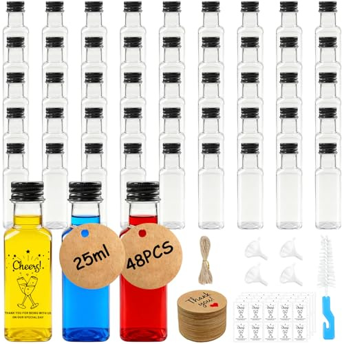 48 Pack Miniature Alcohol Bottles, 25ml/0.8oz Small Shot Bottles with Lids, Screw Caps, Reusable Mini Plastic Bottle Empty with Hanging Labels, Stickers, Funnel for Baileys Christmas, Weddings