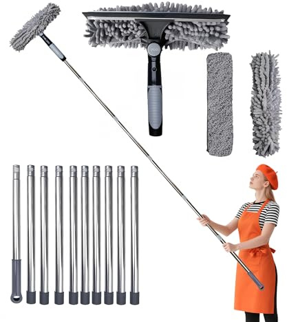 Window Cleaning Kit,14ft Telescopic Window Cleaner Window Cleaning Equipment with 10 Pole Long Handle 1 Wash Squeegee and 2 Scrubebr Heads, Car Window Cleaner Window Cleaner for Indoor/Outdoor/Wall