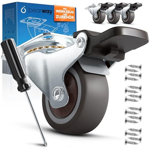 PEARWAY™ Premium Lenkrollen 25mm mit Bremse [4x gesamt 50kg] I Robuste Transportrollen mit 4 Sicherheitsbremsen I Rollen mit Bremse I Möbelrollen