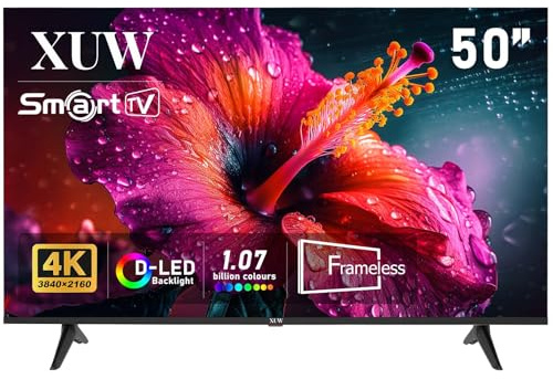 XUW Téléviseur intelligent UHD 4K de 50 pouces, rétro-éclairage D-LED, design sans bordures, interface HDMI USB DVB-T2/S2 RJ45, grand écran pour salon, chambre, divertissement à domicile – Noir