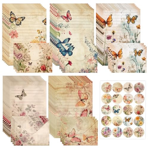 Letter Paper and Envelopes Set, 65 PCS A5 Writing Stationery with Vintage Butterfly Lined Paper, 30 Sheets & 15 Envelopes for Love Letters, Invitations, Office and School Use (Butterfly)