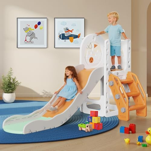 6 in 1 Toddler Slide, Baby Couch Slide for Indoor Outdoor Playground with Basketball Hoop, Storage and Telescope, Playset Climbing Toys for Toddler Playground Playset, White