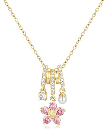 Fimhut Kette Gold Damen 14k Vergoldet Halskette Damen die Blume Perlen Cubic Zirkonia Choker Ketten Wasserfest Charm Goldene Statement Kette Modeschmuck Geschenke 6 Farben Auswählbar