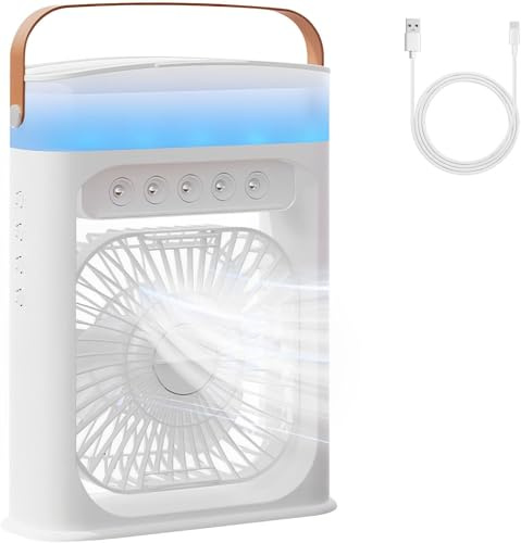 Portable Air Conditioner, 4-in-1 Air Cooler, 600ml Quiet Mini Air Conditioner Desk Fan, Air Conditioning with 3 Speeds/Cool Mist/2-8H Timer/6 LED Light, Cooling Fan for Summer,Room,Home,Office (White)