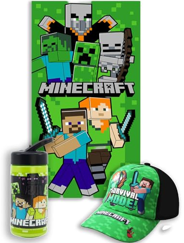MARUKATSU Minecraft Pack Playa Niño Completo Toalla 140x70 cm + Gorra Ajustable + Botella 410ml – Set Verano Infantil Microfibra Secado Rápido Piscina Gamer