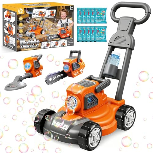 Rasenmäher Seifenblasenmaschine Kinder, 3 in 1 Seifenblasen Maschine - Spielzeug Rasentrimmer/Laubbläser/Heckenschere, Rasenmäher Seifenblasen mit Geräusch, Geburtstag Weihnachten Geschenke für Vo