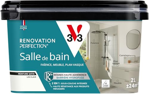 V33 Peinture Rénovation Perfection® Salle de Bain Lin Clair Satin 2L | Haute Adhérence - Barrière Hydrofuge - Sous-Couche intégrée - Ecolabel - Faïence - Meuble - Plan Vasque