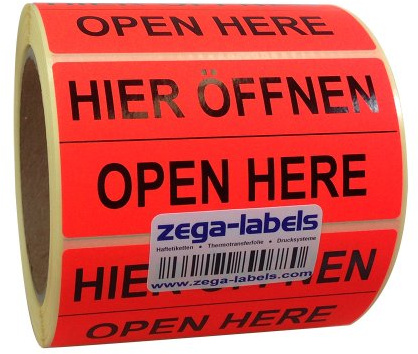 Warnetiketten auf Rolle - Hier öffnen - 500 Stück je Rolle - 100 x 50 mm - Leuchtrot Haftpapier stark haftend - Versandaufkleber