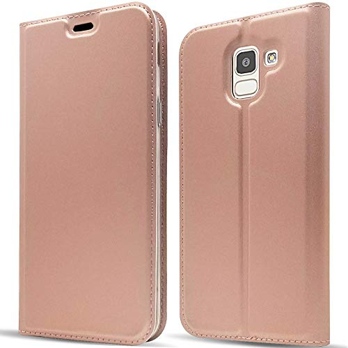 NALIA Hülle Klapphülle kompatibel mit Samsung Galaxy J6 (2018), Kickstand Handyhülle Smartphone Flip-Case Dünn Kunstleder Book-Cover Magnet Ganzkörper Schutz Rundum Handy-Tasche Etui, Farbe:Rose Gold