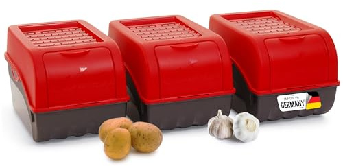 Novaliv Kartoffel Aufbewahrungsbox | 3x mittel 5L | ROT | Kartoffelbox | Gemüsebox stapelbar Zwiebelbox Kartoffelkorb Obstbehälter Kartoffelkiste Zwiebel Aufbewahrung Frischhaltedose Möhren