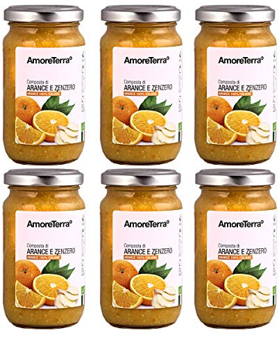 AmoreTerra (6 Pz.) confettura, composta di Arancia e Zenzero BIO senza zucchero, 220g, senza pectina, marmellata, biologica,, arance italiane