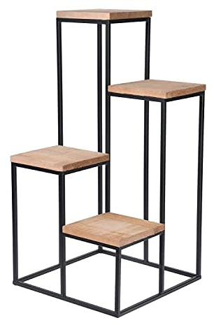 Wohnzimmerregal Standregal Stufenregal Pflanzenregal Blumenregal Blumenetagere Pflanzentreppe | Metall | Kiefernholz | Braun | Schwarz | 4 Ablagen