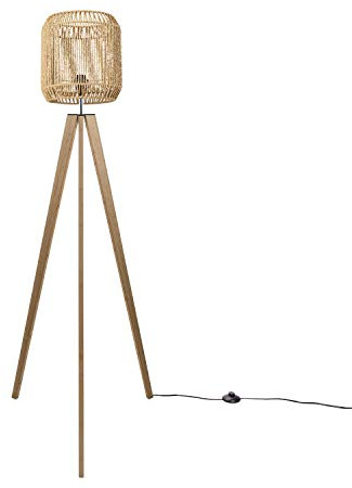 Paco Home Lumin. De Pie Moderna Salón Dormitorio Ratán Boho Cesto Luminaria De Pie E27, Base de la lámpara: Lámpara de piso de madera, Pantalla de lámpara: Beige (Ø28 cm)