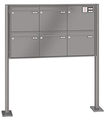 RENZ/Quadra / 5er Freistehende Briefkastenanlage Standbriefkasten mit Sprechfeld/RAL-Farbe 9007 Volumen 12 L/mit Fußplatten/Dein-Briefkasten.de