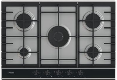 Haier Series 4 HAHG7W5XH- Placa de Gas, 5 Fuegos, Ancho 75cm, Potencia total 12,2kW, Mandos centrales, 9 niveles de potencia, Rejillas de hierro fundido, Preci Flame, Frontal en cristal negro, Inox