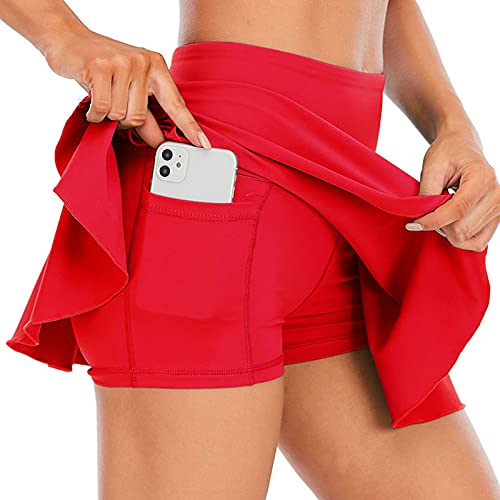 Tennisrock, WeißEr Plissierter Tennisrock, Damen Aktiver Sportrock mit Taschen Plissierte MiniröCke Activewear Innenshorts Zum Laufen Golfsport Badminton Volleyball,Rot,XXL