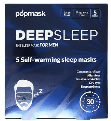 Popmask Deep Sleep Large Self Heating Eye Mask for Sleeping Men - Warms In 30 Seconds, Natural Heat Source, Lasts For 20 Minutes - Pack of 5 Cotton Eye Masks With Ear Loops