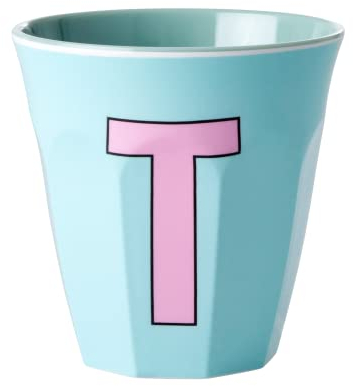 RICE DK - Tazza in melamina media, colore: Blu morbido con lettera T