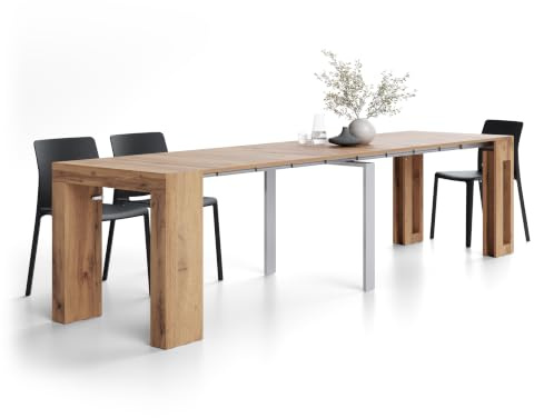 Mobili Fiver, Tavolo Consolle Allungabile con Porta Allunghe Evolution, 45(305) x80, Rovere Rustico, fino a 12 posti, Consolle da Corridoio, Ingresso, Soggiorno, Made in Italy