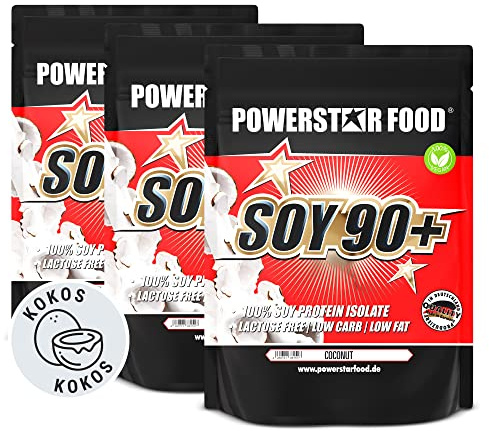Powerstar SOY 90+ Soja-Protein-Isolat 3x1000g Coconut - 93% Protein vegan | Pflanzliches Eiweißpulver ohne Zuckerzusatz - gentechnikfrei - laktosefrei i.Tr. - Made in Germany Kokosnuss