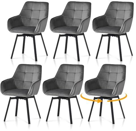 TUKAILAI Esszimmerstühle Drehbar Samt mit Armlehnen, Dunkelgrau, 6er Set | Drehstuhle esszimmer,Armlehnstuhle,Küchenstühle,Rückenlehne, Gepolsterter Sitz, Metallbeine,für Esszimmer Wohnzimmer Küche